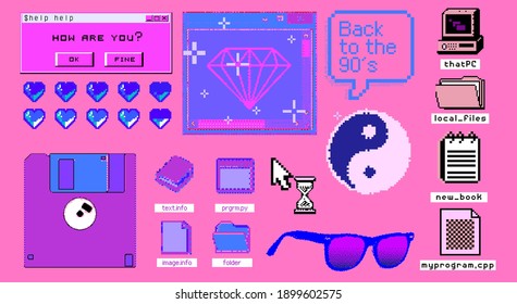 Old user interface windows, retro message box with buttons. Vaporwave and retrowave style elements.