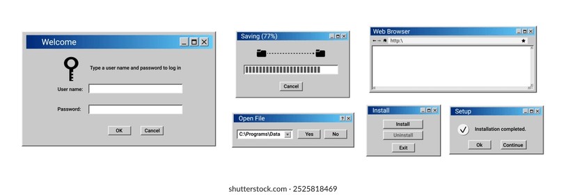 Janelas antigas da interface do usuário. Janela de carregamento retroativo. Abra o painel de arquivos em azul. Página do navegador retroativo. 