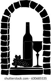 Old vault window with wine bottle and wine-glass window,