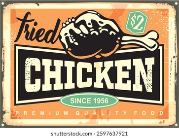 Old vector advertisement with fried chicken drumstick. Vintage restaurant menu sign on old metal texture. Food retro poster.