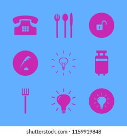 old vector icons set. with home phone, open lock, pen ink and bulb in set