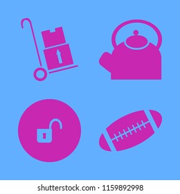 old vector icons set. with open lock, handcart, rugby ball and teapot in set