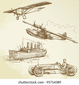 old vehicles - airplanes, ship, racing car - hand drawn set