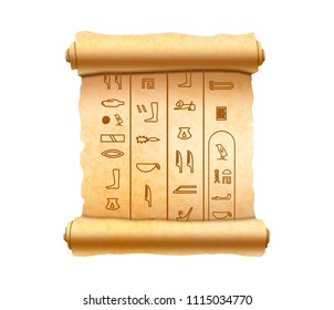 Old vertical textured papyrus scroll with ancient egypt hieroglyphics isolated on white