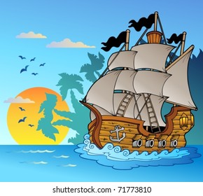 Old vessel with island silhouette - vector illustration.