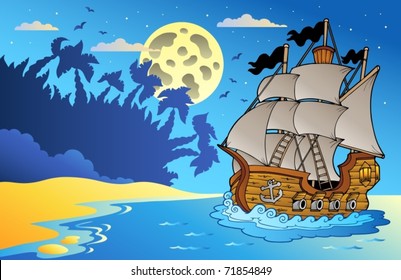 Old vessel at night near beach - vector illustration.