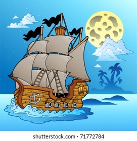 Old vessel in night seascape - vector illustration.