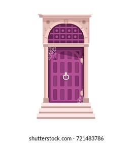 Old victorian front door and porch isolated on white background. Entrance with doorknocker to abandoned house with spider web.