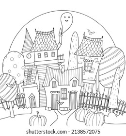 Old victorian house with cats, ghost, pumpkin, trees, moon and bat. Hand drawn coloring page.