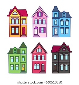 Old Victorian Houses, Vector Illustration Set. Colorful Hand Drawn Architecture Elements.