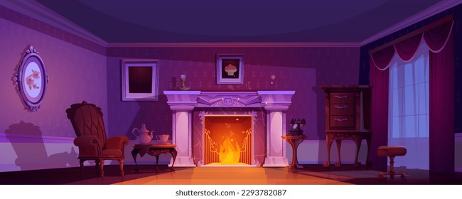 Old victorian interior with antique fireplace in evening cartoon background. Dark vintage royal home furniture in living room. Curtain on window inside aristocratic cottage apartment with fire sparkle