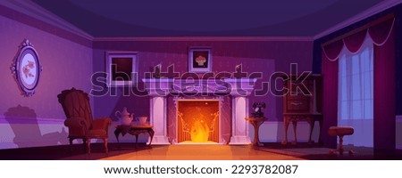 Old victorian interior with antique fireplace in evening cartoon background. Dark vintage royal home furniture in living room. Curtain on window inside aristocratic cottage apartment with fire sparkle
