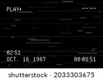 Old video camera screen template. Retro camera viewfinder with glitch effect and random horizontal lines, noise and distortion. Camcorder screen with pixel date, time and other text. Vector.
