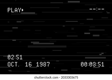 Old video camera screen template. Retro camera viewfinder with glitch effect and random horizontal lines, noise and distortion. Camcorder screen with pixel date, time and other text. Vector.