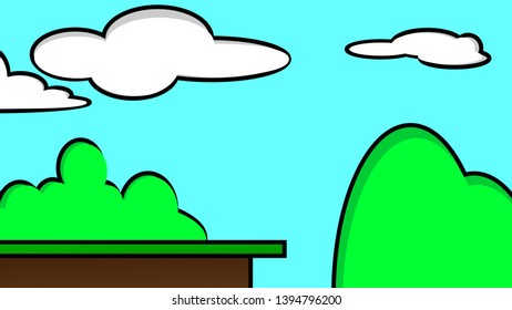 Old video game. retro style Background vector illustration. cliff and hill landscape blue sky use for banner, web design, magazine, book, graphics, print, wallpaper, game mobile