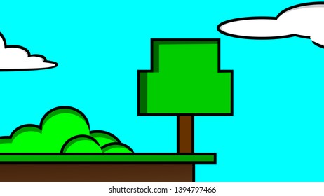 Old video game. retro style Background vector illustration. cliff and tree landscape blue sky use for banner, web design, magazine, book, graphics, print, wallpaper, game mobile