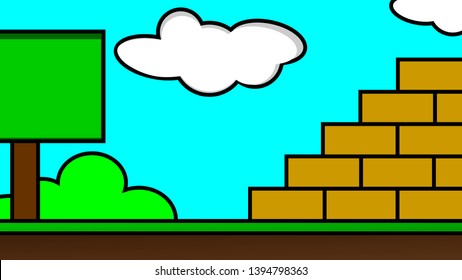 Old video game. retro style Background vector illustration. brick block and tree landscape blue sky use for banner, web design, magazine, book, graphics, print, wallpaper, game mobile
