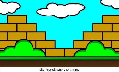 Old video game. retro style Background vector illustration. brick block and grass landscape blue sky use for banner, web design, magazine, book, graphics, print, wallpaper, game mobile