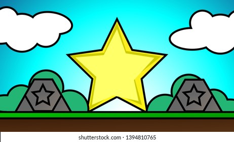 Old video game. retro style Background vector illustration. star stone and grass landscape night sky use for banner, web design, magazine, book, graphics, print, wallpaper, game mobile