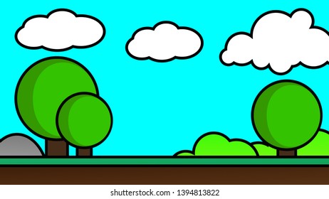 Old video game. retro style Background vector illustration. tree and grass landscape blue sky use for banner, web design, magazine, book, graphics, print, wallpaper, game mobile