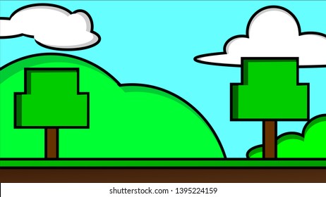 Old video game. retro style Background vector illustration. hill and tree landscape use for banner, web design, magazine, book, graphics, print, wallpaper, game mobile