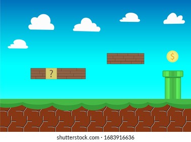 Old video game, retro style background. Arcade brick style,  vector illustration with the coins