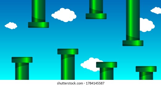 Old video game retro style Background with pipes and clouds. Vector illustration.