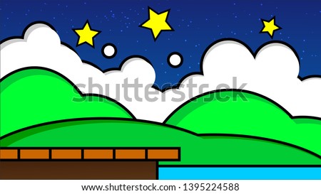 Old video game. retro style Background vector illustration. hill and star landscape sky night use for banner, web design, magazine, book, graphics, print, wallpaper, game mobile