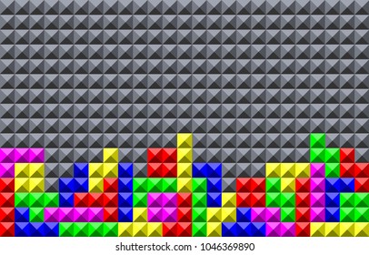 Old video game square template. tetris. Colored line brick game pieces. Colorful pattern with bricks. Wallpaper design. Vector illustration.