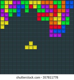 Old video game square template background. Brick game pieces. Vector illustration.
