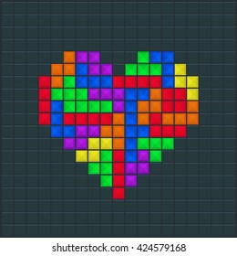 Old video game square template. Mosaic heart, colored brick game pieces. Vector illustration.