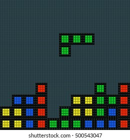 Old video game square template. Bricks game pieces background. Vector illustration.