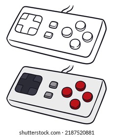 Old videogame controllers, one colorless in outline style and other in flat colors with buttons and D-pad.