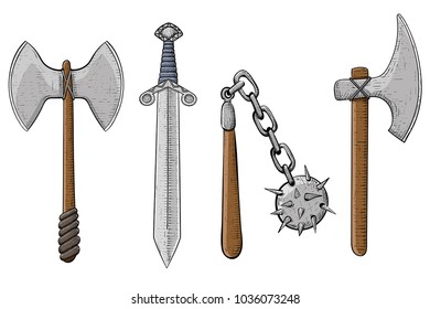 Old viking weapons - ax, sword, flail, spiked metal ball. Hand drawn sketch. Vector illustration isolated on white background