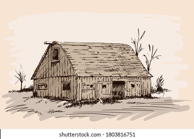 An old village cattle shed with open doors. Hand sketch on a beige background.