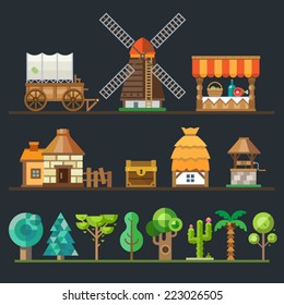 Old village. Different objects, sprites: wagon, cart, mill, trading shop, stone house, a hut with a thatched roof, wooden well, chest. Trees and plants: oak, tree, palm, cactus. Vector flat style