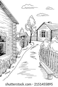 Old Village Graphic Black White Rural Vertical Landscape Sketch Illustration Vector