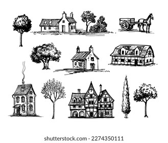 Old village ink sketches. Houses and trees. Horse harnessed to a cart. Hand drawn illustrations. Vintage style.