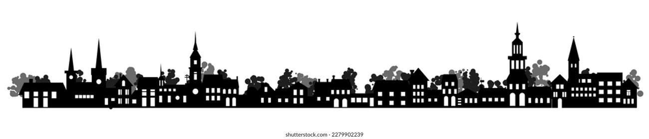 Old village rural stylized silhouette. Suburb with small house, church, tree and garden in residental district countryside neighborhood.