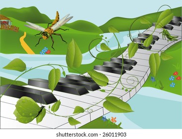 old village small river a dragonfly and music