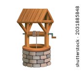 Old village stone well with wooden roof. Cartoon vector isolated on white background