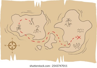 Mapa do tesouro aventureiro antigo vintage, encontrar tesouro, pirata e explorador, marinho na ilha com linha tracejada com X vermelho e bússola, navegação, desenho de mão, doodle estilo garoto usado bordas papel