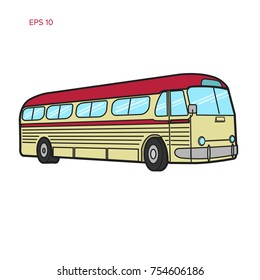 Old vintage american bus vector illustration. Retro passenger vehicle line art