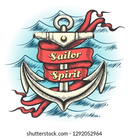 Old vintage anchor and ribbon with wording Sailor spirit on ocean waves pattern drawn in tattoo style. Vector illustration.