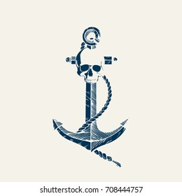 Old vintage anchor for t shirt and other uses. Hand drawn vector illustration.