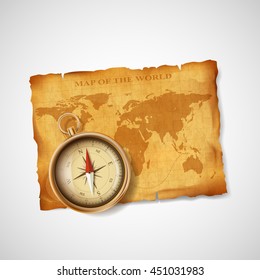 Old vintage antique world map and compass. Stock vector illustration.