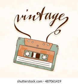 Old vintage audio cassette with tangled tape