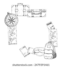 Old vintage backpack leather wallet suitcases, ticket card pass, compass, sleeping mask. Vector ink hand drawn illustration. Square frame. Design for tourism, travel brochure, booklet, wedding guide.