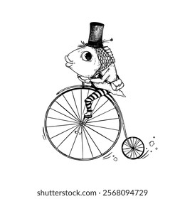 Old vintage bicycle, Penny-farthing, retro bicycle. Retro cover, poster, hand drawn illustration with fish on bicycle. 