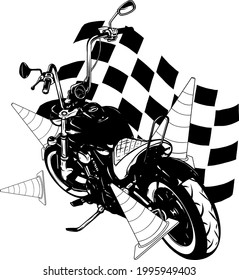 Old vintage black bobber bike with race flag